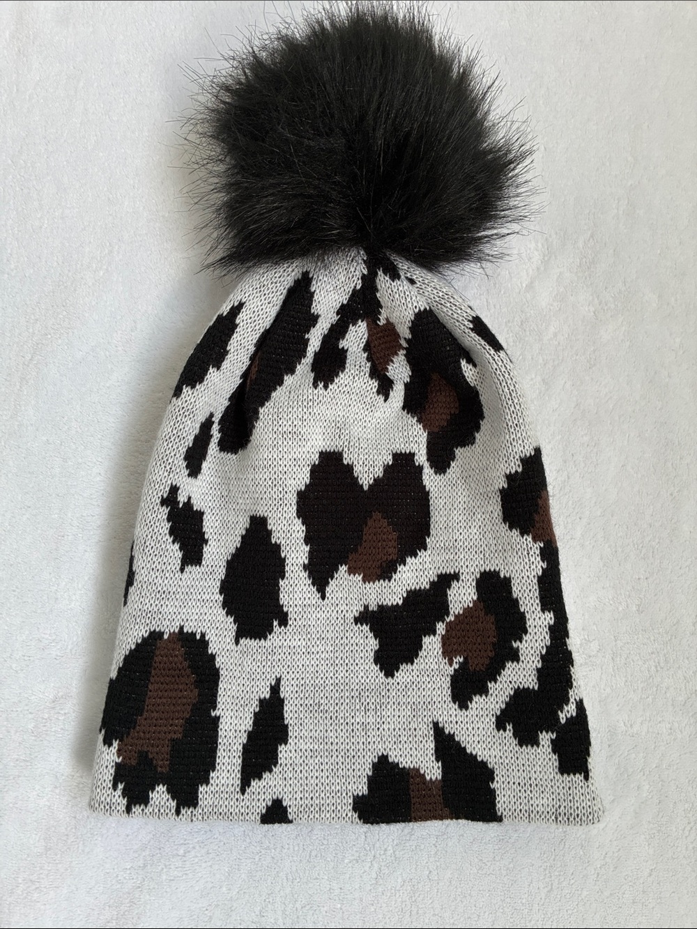 Panache Leopard Pattern Pom Pom Winter Hat in Black/Brown/White, NWOT